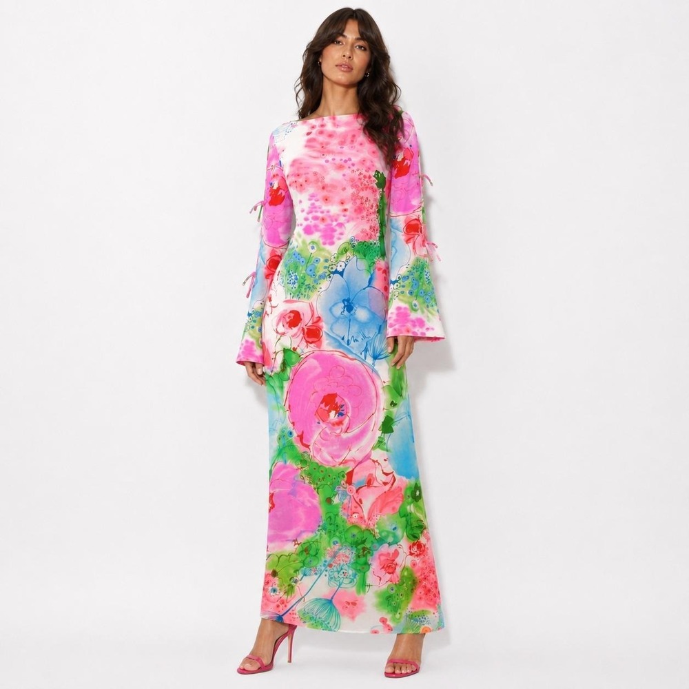 Pink Floral Midi Dress Boat Neck Bell Sleeves Cut Out Womens S Vintage Festival